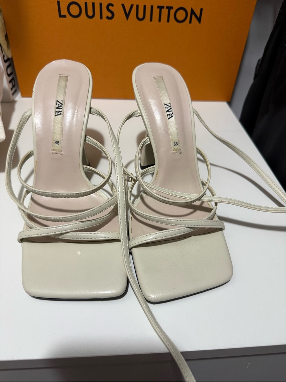 ZARA Women's Off-White Strappy Square-Toe Heels